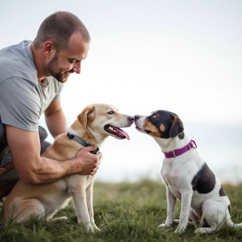 Man playing with dogs